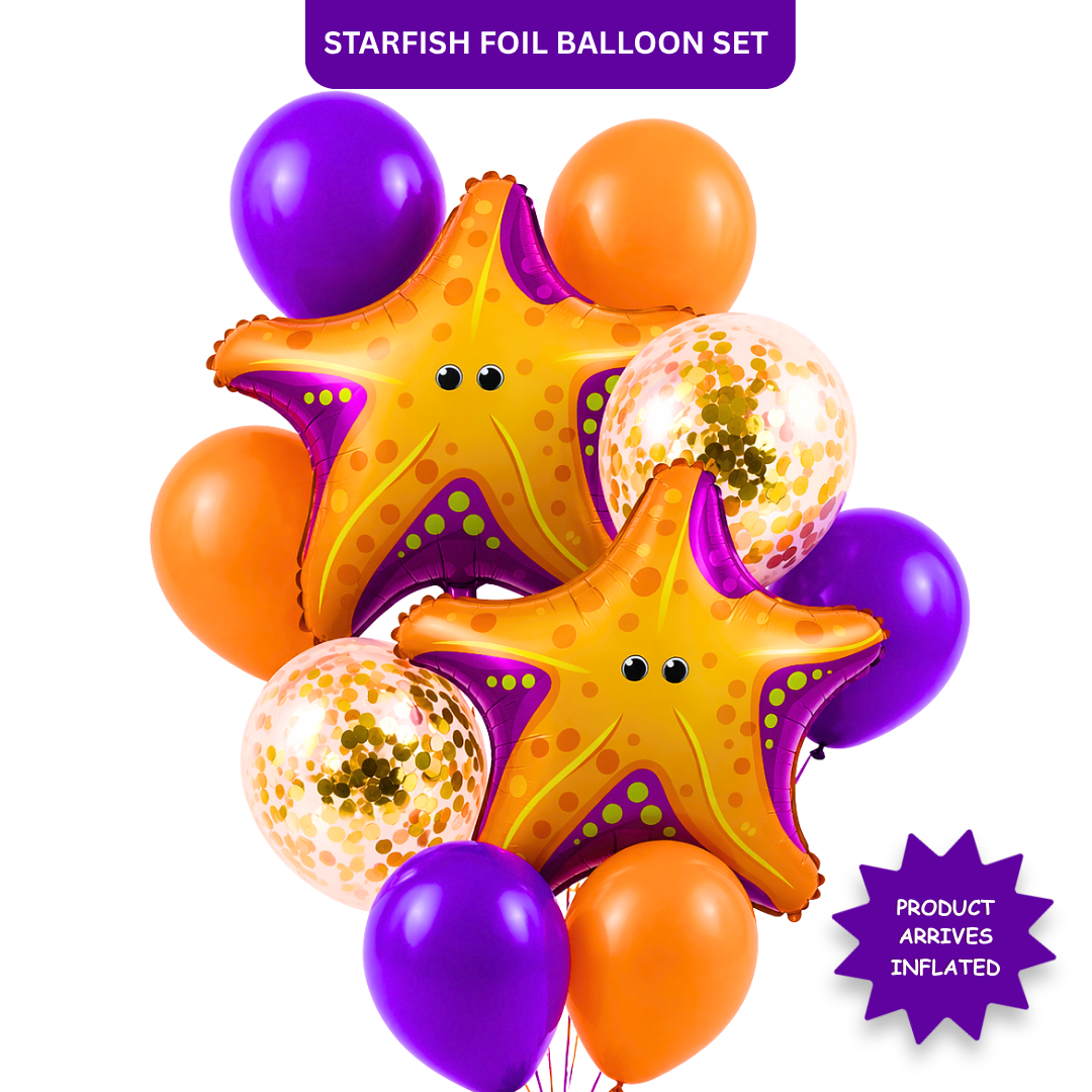 Starfish Underwater Theme Balloon Set of 10 for Birthday Decoration | 2 Starfish Foil Balloons + 3 Purple + 3 Yellow + 2 Gold Confetti Balloons (12 Inch) | Ocean Sea Party Decor Supplies
