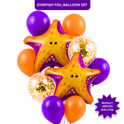 Starfish Underwater Theme Balloon Set of 10 for Birthday Decoration | 2 Starfish Foil Balloons + 3 Purple + 3 Yellow + 2 Gold Confetti Balloons (12 Inch) | Ocean Sea Party Decor Supplies