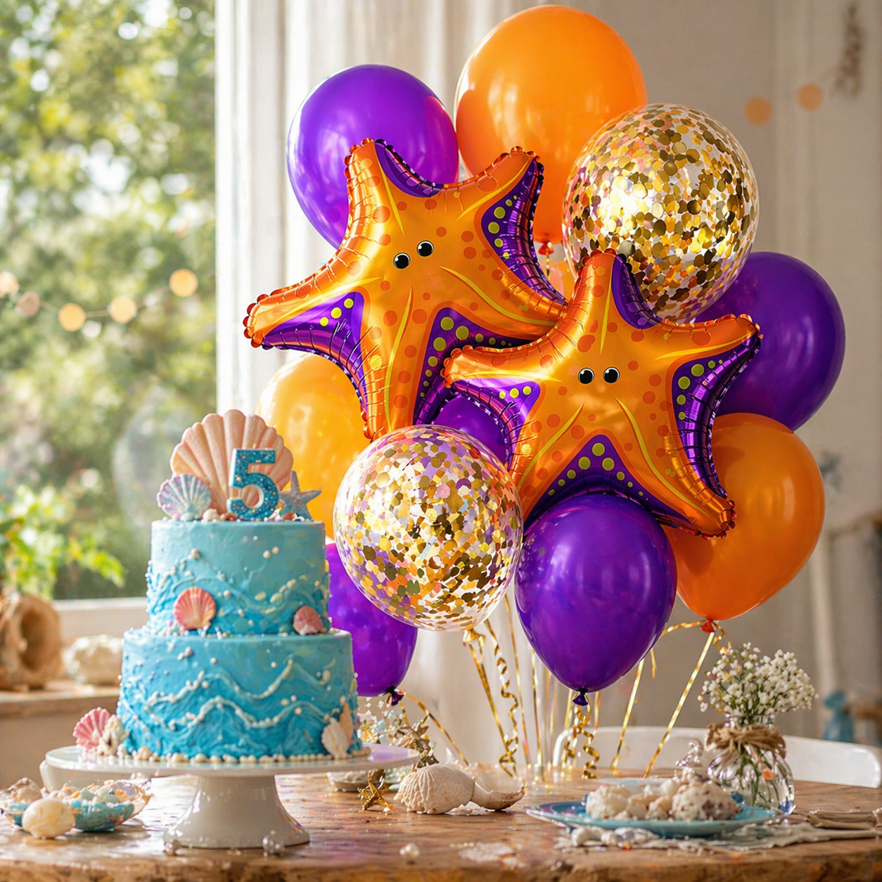 Starfish Underwater Theme Balloon Set of 10 for Birthday Decoration | 2 Starfish Foil Balloons + 3 Purple + 3 Yellow + 2 Gold Confetti Balloons (12 Inch) | Ocean Sea Party Decor Supplies