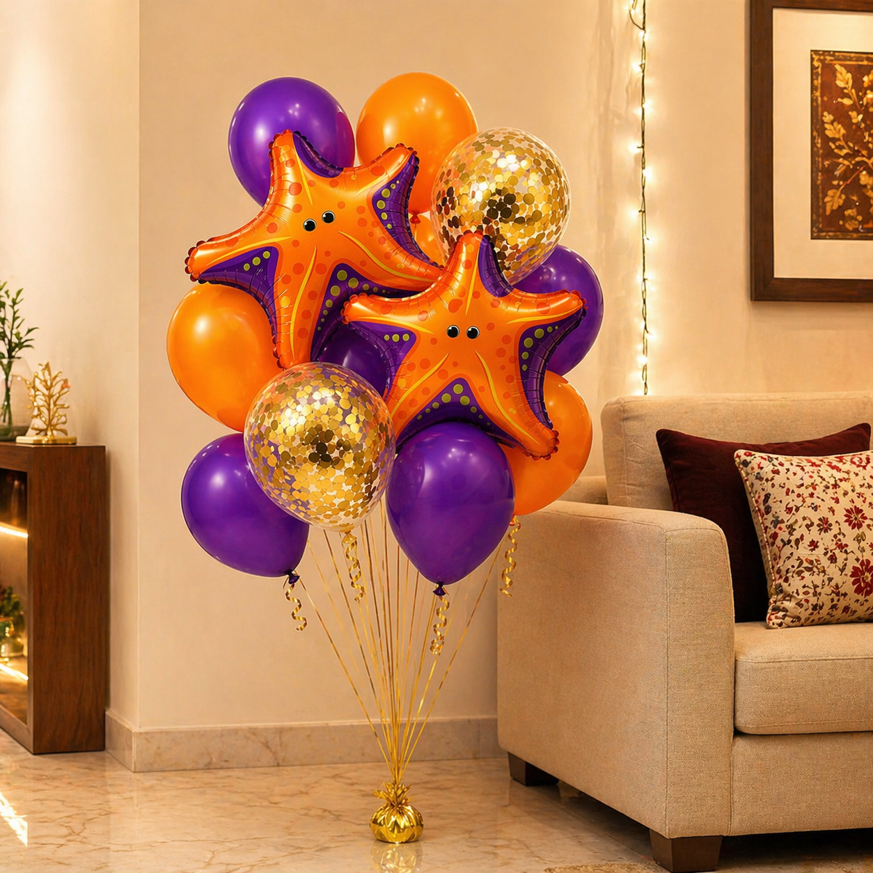 Starfish Underwater Theme Balloon Set of 10 for Birthday Decoration | 2 Starfish Foil Balloons + 3 Purple + 3 Yellow + 2 Gold Confetti Balloons (12 Inch) | Ocean Sea Party Decor Supplies