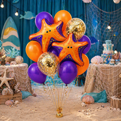 Starfish Underwater Theme Balloon Set of 10 for Birthday Decoration | 2 Starfish Foil Balloons + 3 Purple + 3 Yellow + 2 Gold Confetti Balloons (12 Inch) | Ocean Sea Party Decor Supplies