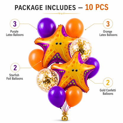 Starfish Underwater Helium Balloon Set of 10 (2 Starfish Foil + 3 Purple + 3 Yellow + 2 Gold Confetti Balloons) | Pre-Inflated & Delivered | Ocean Theme Birthday Decoration