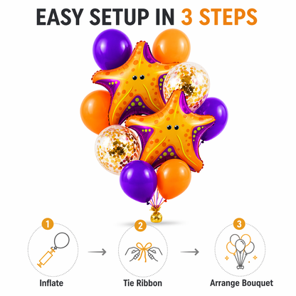Starfish Underwater Theme Balloon Set of 10 for Birthday Decoration | 2 Starfish Foil Balloons + 3 Purple + 3 Yellow + 2 Gold Confetti Balloons (12 Inch) | Ocean Sea Party Decor Supplies