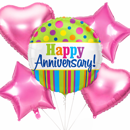 Happy Anniversary Helium Balloon Set of 5 (1 Round Anniversary 18 Inch + 2 Pink Heart + 2 Pink Star Balloons) | Pre-Inflated & Delivered | Anniversary Decoration