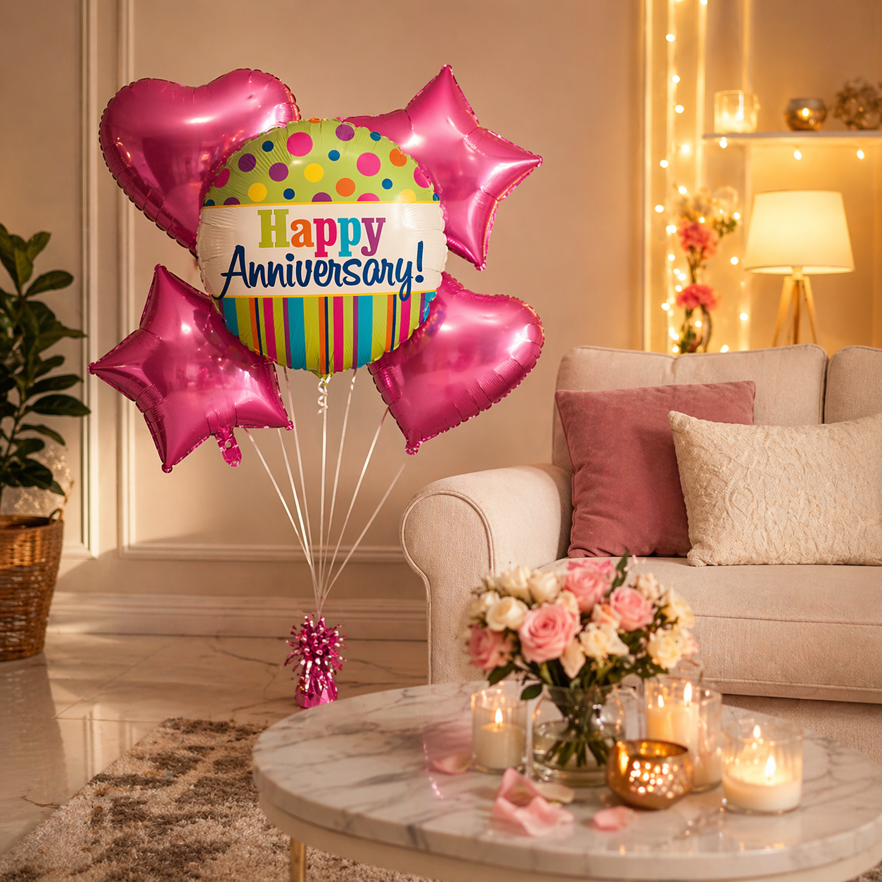 Happy Anniversary Helium Balloon Set of 5 (1 Round Anniversary 18 Inch + 2 Pink Heart + 2 Pink Star Balloons) | Pre-Inflated & Delivered | Anniversary Decoration