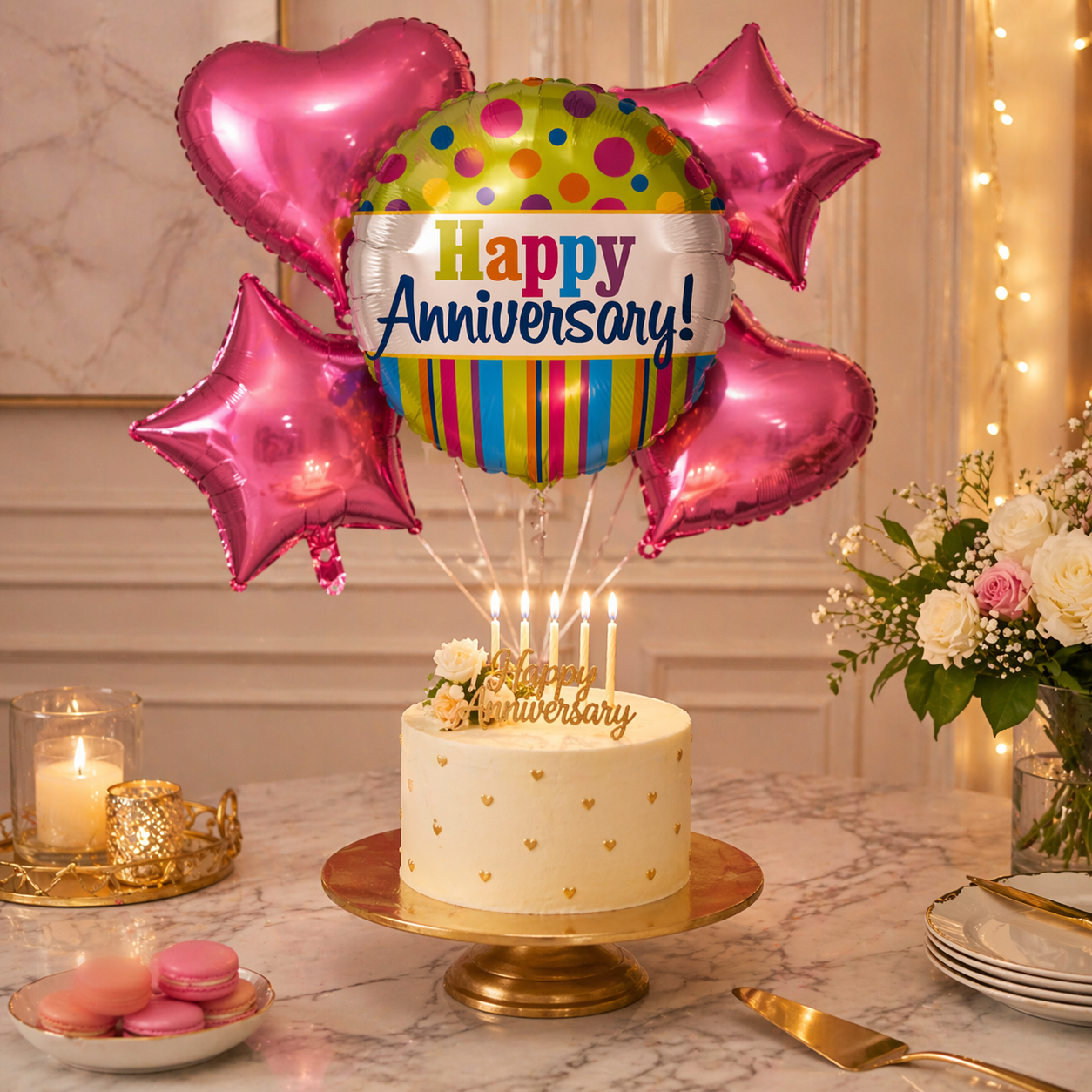 Happy Anniversary Helium Balloon Set of 5 (1 Round Anniversary 18 Inch + 2 Pink Heart + 2 Pink Star Balloons) | Pre-Inflated & Delivered | Anniversary Decoration