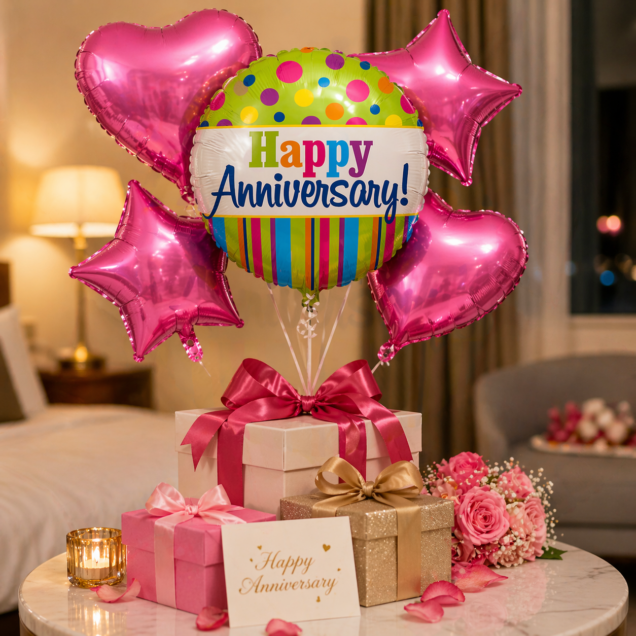 Happy Anniversary Helium Balloon Set of 5 (1 Round Anniversary 18 Inch + 2 Pink Heart + 2 Pink Star Balloons) | Pre-Inflated & Delivered | Anniversary Decoration