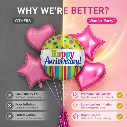 Happy Anniversary Helium Balloon Set of 5 (1 Round Anniversary 18 Inch + 2 Pink Heart + 2 Pink Star Balloons) | Pre-Inflated & Delivered | Anniversary Decoration
