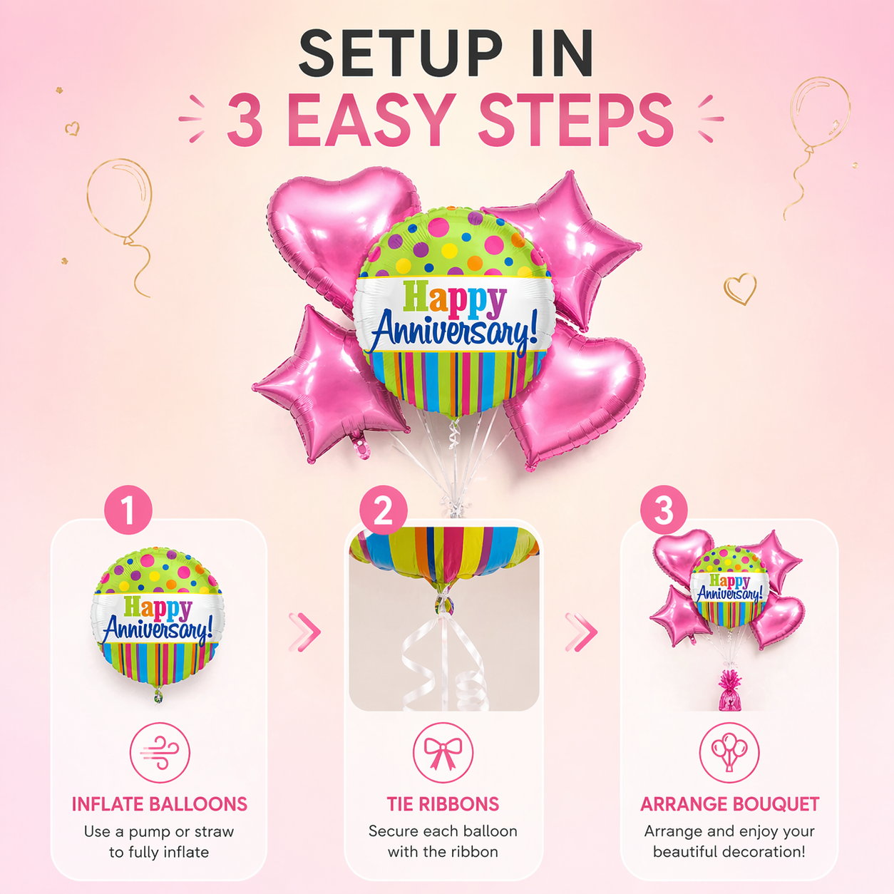 Happy Anniversary Helium Balloon Set of 5 (1 Round Anniversary 18 Inch + 2 Pink Heart + 2 Pink Star Balloons) | Pre-Inflated & Delivered | Anniversary Decoration