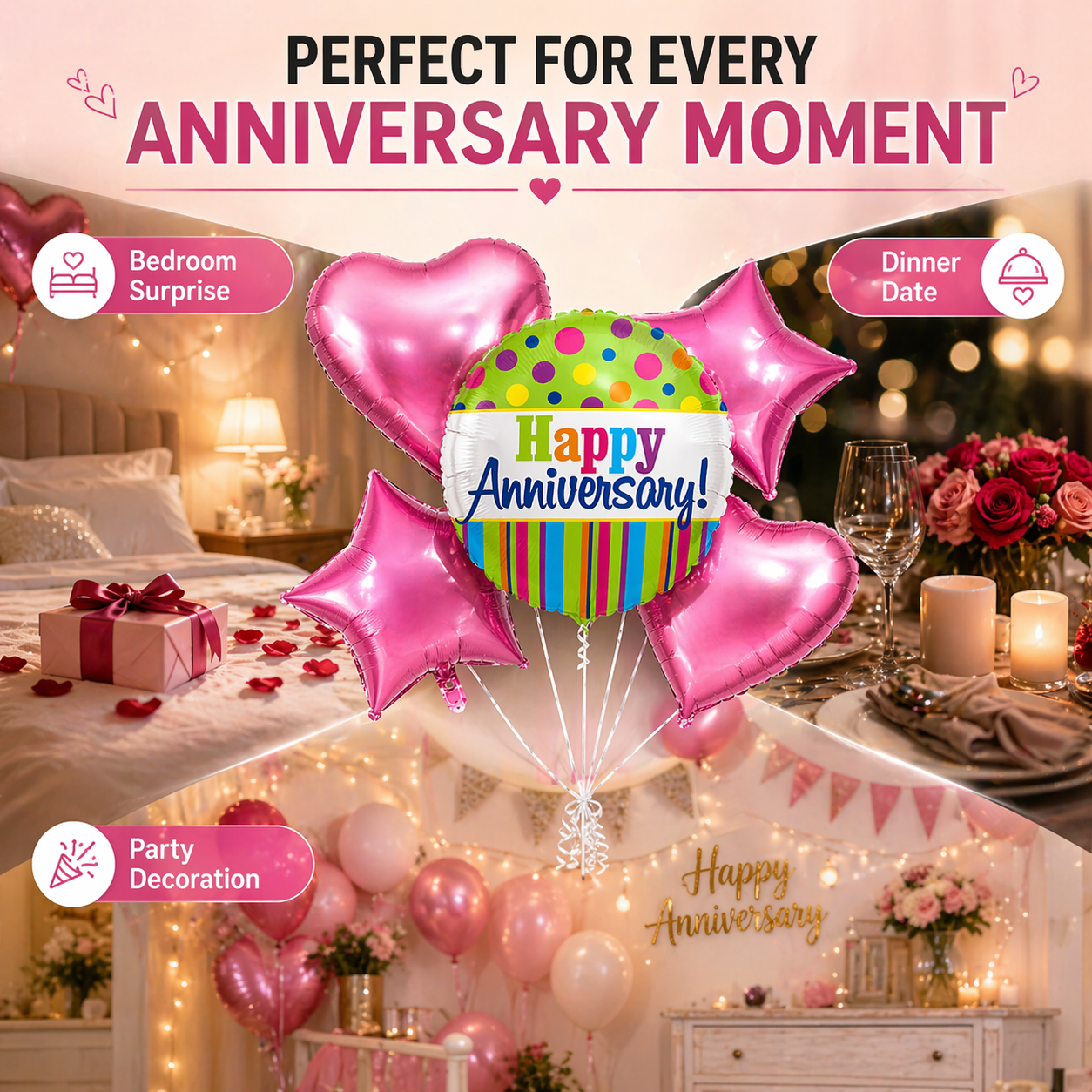 Happy Anniversary Helium Balloon Set of 5 (1 Round Anniversary 18 Inch + 2 Pink Heart + 2 Pink Star Balloons) | Pre-Inflated & Delivered | Anniversary Decoration