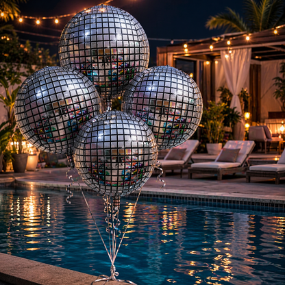 Disco Ball Silver Foil Balloon Set of 4 for Celebration Decoration | Mirror Disco Theme Balloons | Helium Supported Party Decor for Birthday, Anniversary & New Year