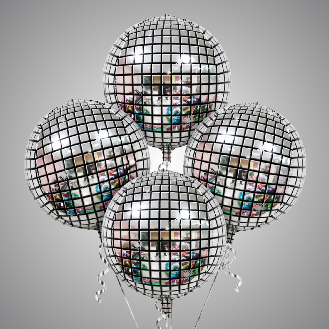 Disco Ball Silver Foil Balloon Set of 4 for Celebration Decoration | Mirror Disco Theme Balloons | Helium Supported Party Decor for Birthday, Anniversary & New Year
