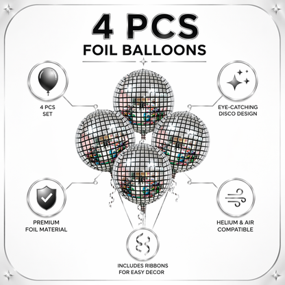 Silver Disco Ball Foil Balloons Set of 4 | Helium Filled & Delivers Inflated | Party Decoration for Birthday, Anniversary & New Year