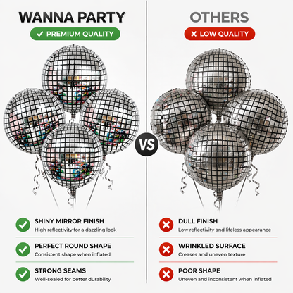 Disco Ball Silver Foil Balloon Set of 4 for Celebration Decoration | Mirror Disco Theme Balloons | Helium Supported Party Decor for Birthday, Anniversary & New Year