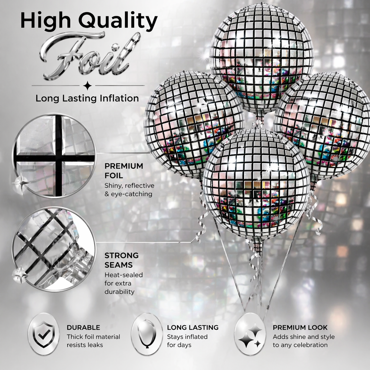 Disco Ball Silver Foil Balloon Set of 4 for Celebration Decoration | Mirror Disco Theme Balloons | Helium Supported Party Decor for Birthday, Anniversary & New Year