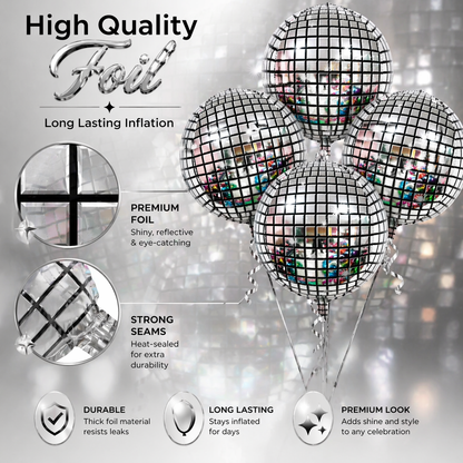 Disco Ball Silver Foil Balloon Set of 4 for Celebration Decoration | Mirror Disco Theme Balloons | Helium Supported Party Decor for Birthday, Anniversary & New Year