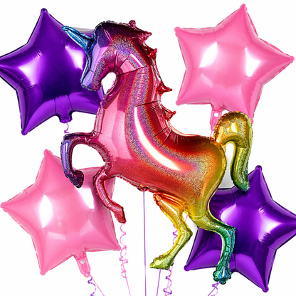 Unicorn Theme Helium Balloon Set of 5 (Rainbow Unicorn Supershape + 2 Purple Star + 2 Hot Pink Star Balloons 18 Inch) | Pre-Inflated & Delivered | Kids Birthday Decoration