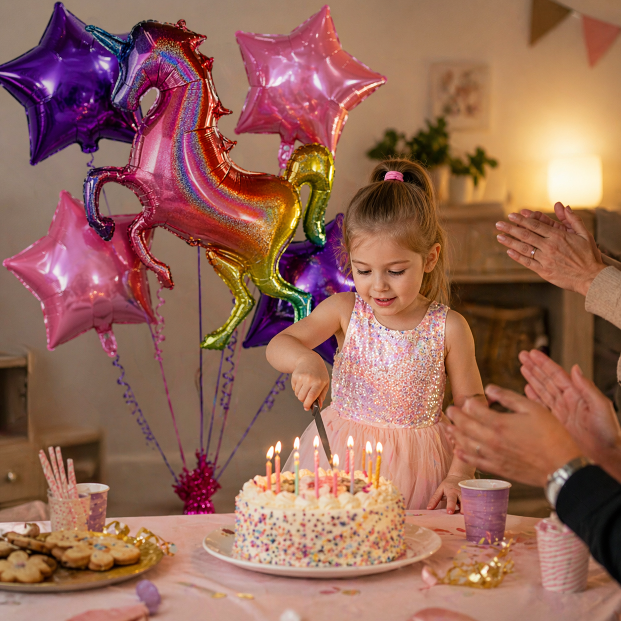 Unicorn Theme Helium Balloon Set of 5 (Rainbow Unicorn Supershape + 2 Purple Star + 2 Hot Pink Star Balloons 18 Inch) | Pre-Inflated & Delivered | Kids Birthday Decoration