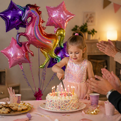 Unicorn Theme Helium Balloon Set of 5 (Rainbow Unicorn Supershape + 2 Purple Star + 2 Hot Pink Star Balloons 18 Inch) | Pre-Inflated & Delivered | Kids Birthday Decoration