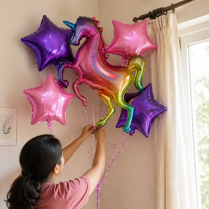 Unicorn Theme Helium Balloon Set of 5 (Rainbow Unicorn Supershape + 2 Purple Star + 2 Hot Pink Star Balloons 18 Inch) | Pre-Inflated & Delivered | Kids Birthday Decoration