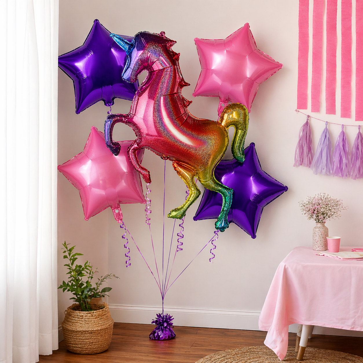 Unicorn Theme Helium Balloon Set of 5 (Rainbow Unicorn Supershape + 2 Purple Star + 2 Hot Pink Star Balloons 18 Inch) | Pre-Inflated & Delivered | Kids Birthday Decoration