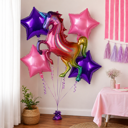 Unicorn Theme Helium Balloon Set of 5 (Rainbow Unicorn Supershape + 2 Purple Star + 2 Hot Pink Star Balloons 18 Inch) | Pre-Inflated & Delivered | Kids Birthday Decoration