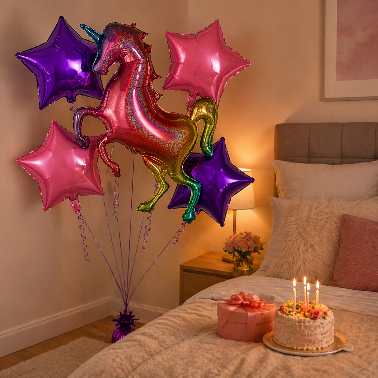 Unicorn Theme Helium Balloon Set of 5 (Rainbow Unicorn Supershape + 2 Purple Star + 2 Hot Pink Star Balloons 18 Inch) | Pre-Inflated & Delivered | Kids Birthday Decoration