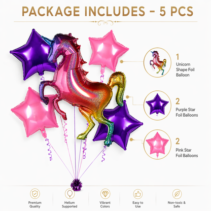 Unicorn Theme Helium Balloon Set of 5 (Rainbow Unicorn Supershape + 2 Purple Star + 2 Hot Pink Star Balloons 18 Inch) | Pre-Inflated & Delivered | Kids Birthday Decoration