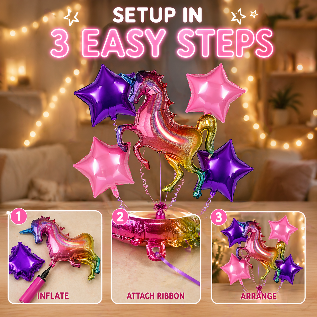 Unicorn Theme Helium Balloon Set of 5 (Rainbow Unicorn Supershape + 2 Purple Star + 2 Hot Pink Star Balloons 18 Inch) | Pre-Inflated & Delivered | Kids Birthday Decoration