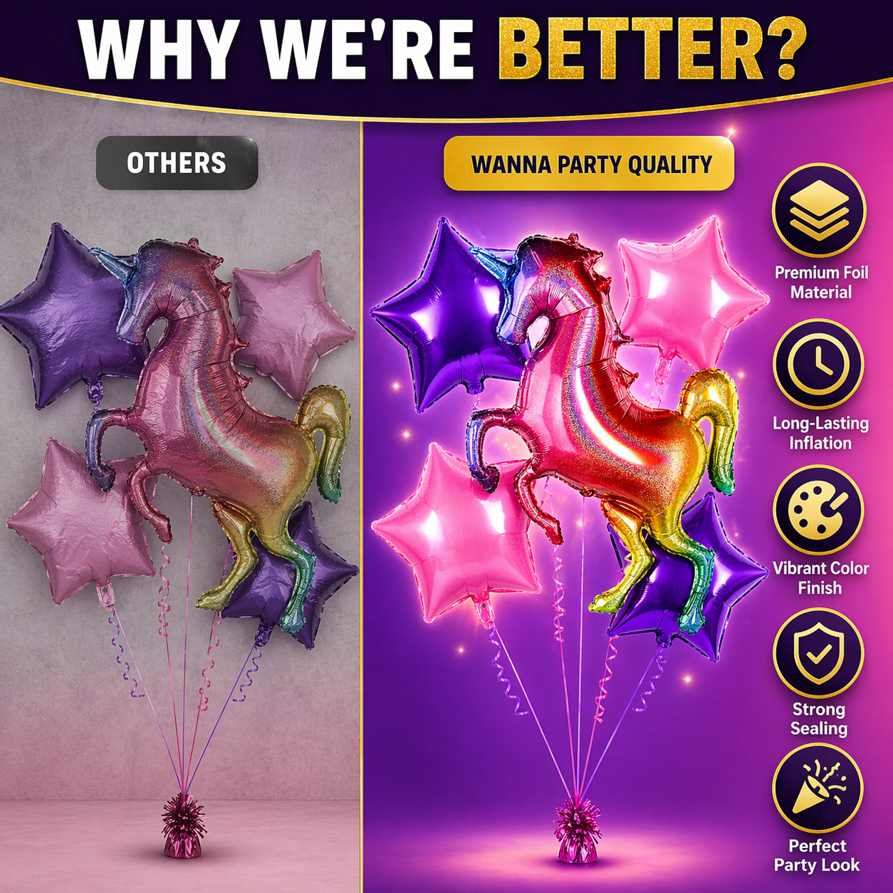 Unicorn Theme Helium Balloon Set of 5 (Rainbow Unicorn Supershape + 2 Purple Star + 2 Hot Pink Star Balloons 18 Inch) | Pre-Inflated & Delivered | Kids Birthday Decoration