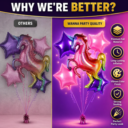 Unicorn Theme Helium Balloon Set of 5 (Rainbow Unicorn Supershape + 2 Purple Star + 2 Hot Pink Star Balloons 18 Inch) | Pre-Inflated & Delivered | Kids Birthday Decoration