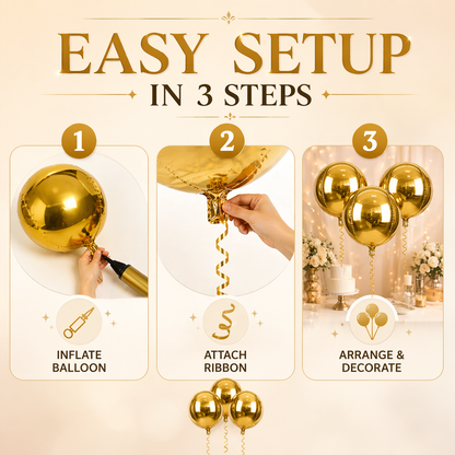 4D Gold Round Orbz Foil Balloons 22 Inch (Pack of 3) | Helium Filled & Delivered Inflated | Giant Balloons for Birthday, Anniversary & Party Decoration