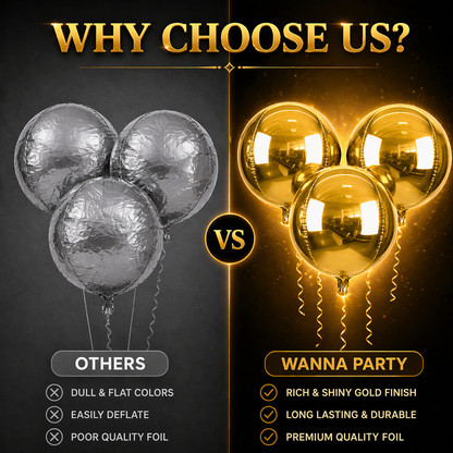 4D Gold Round Orbz Foil Balloons 22 Inch (Pack of 3) | Helium Filled & Delivered Inflated | Giant Balloons for Birthday, Anniversary & Party Decoration
