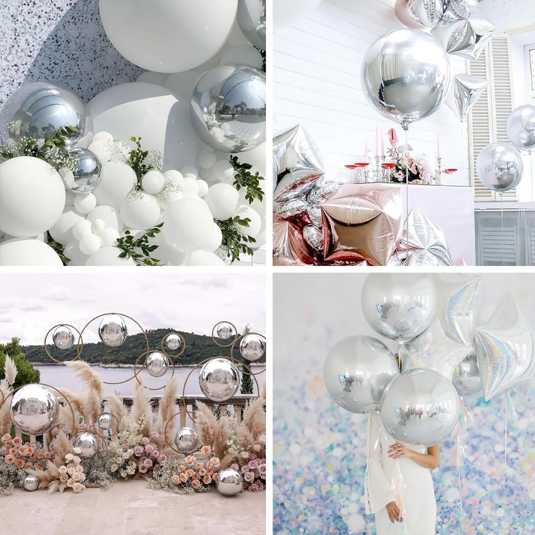 4D Silver Round Orbz Foil Balloons 22 Inch (Pack of 3) | Helium Filled & Delivered Inflated | Giant Balloons for Birthday, Anniversary & Party Decoration