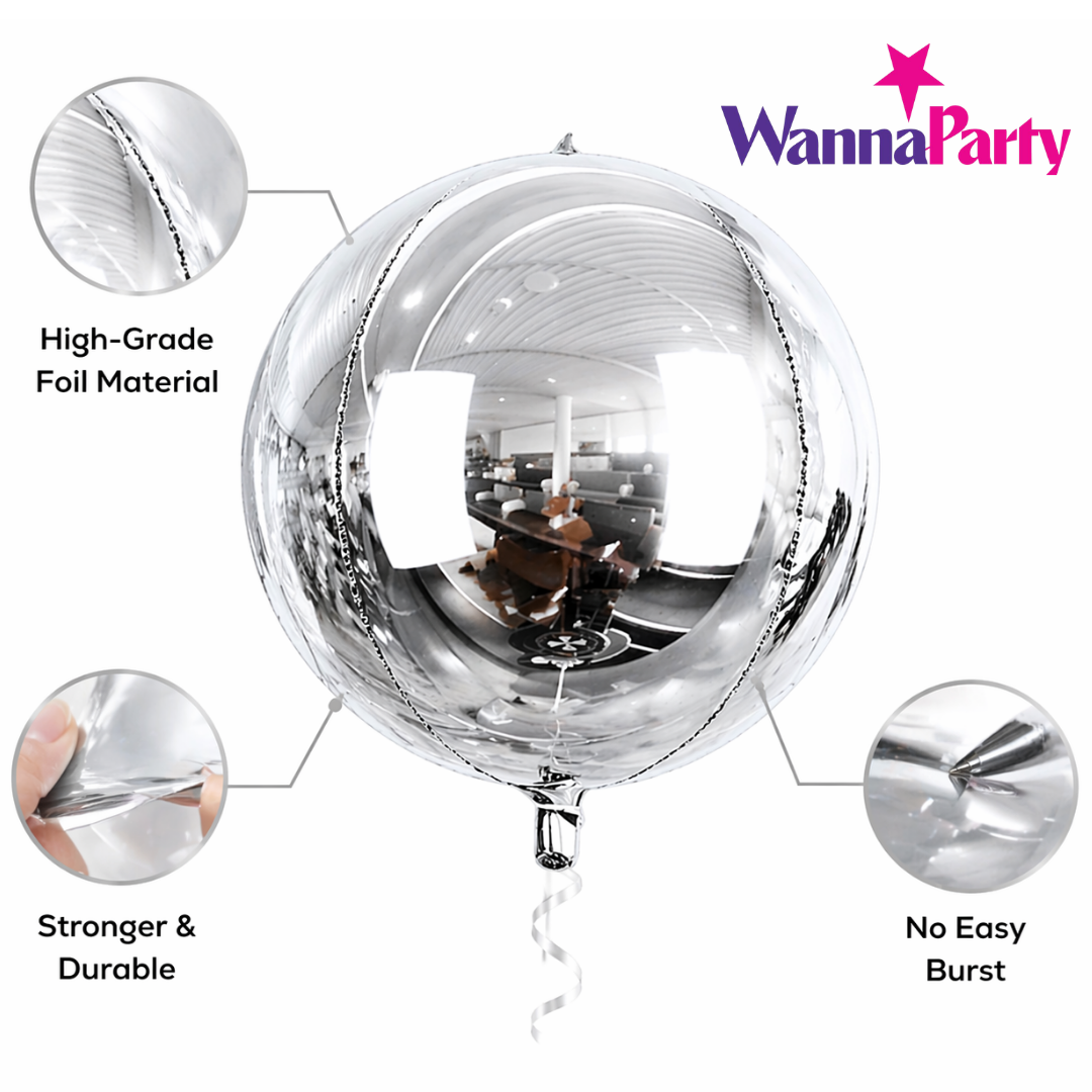 4D Silver Round Orbz Foil Balloons 22 Inch (Pack of 3) | Helium Filled & Delivered Inflated | Giant Balloons for Birthday, Anniversary & Party Decoration