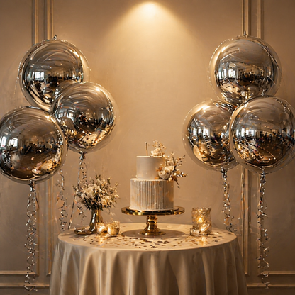 4D Silver Round Orbz Foil Balloons 22 Inch (Pack of 3) | Helium Filled & Delivered Inflated | Giant Balloons for Birthday, Anniversary & Party Decoration