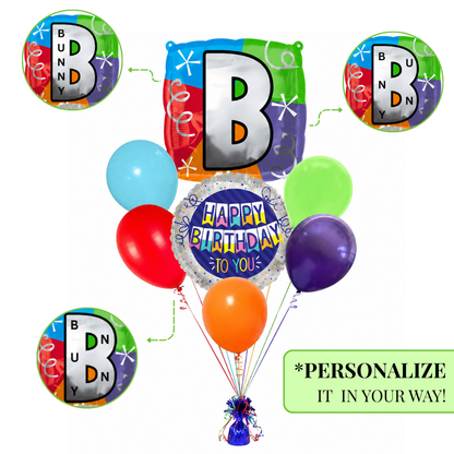 Customizable Alphabet "B" Square Shaped Balloon with Customized Name Stickers Bouquet Set of 7PC | Customizable Name Inital Balloons| Choose Your Name
