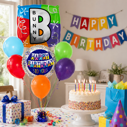Customizable Alphabet "B" Square Shaped Balloon with Customized Name Stickers Bouquet Set of 7PC | Customizable Name Inital Balloons| Choose Your Name