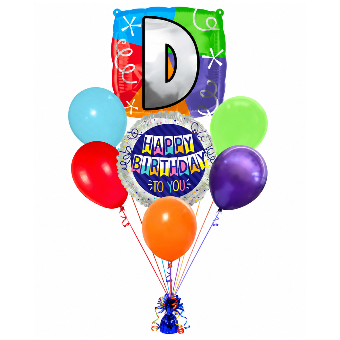Customizable Alphabet "D" Square Shaped Balloon with Customized Name Stickers Bouquet Set of 7PC | Customizable Name Inital Balloons| Choose Your Name