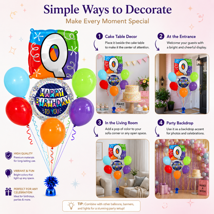 Customizable Alphabet "Q" Square Shaped Balloon with Customized Name Stickers Bouquet Set of 7PC | Customizable Name Inital Balloons| Choose Your Name