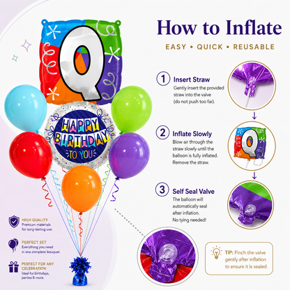 Customizable Alphabet "Q" Square Shaped Balloon with Customized Name Stickers Bouquet Set of 7PC | Customizable Name Inital Balloons| Choose Your Name