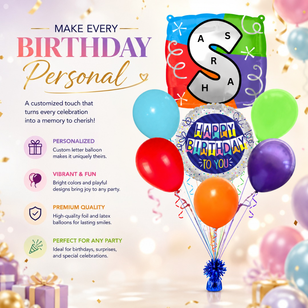 Customizable Alphabet "S" Square Shaped Balloon with Customized Name Stickers Bouquet Set of 7PC | Customizable Name Inital Balloons| Choose Your Name