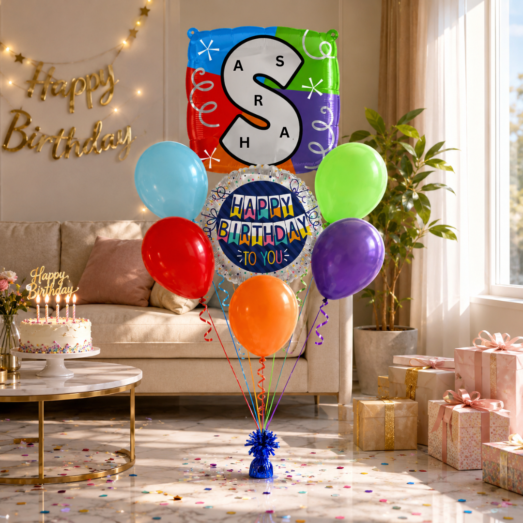 Customizable Alphabet "S" Square Shaped Balloon with Customized Name Stickers Bouquet Set of 7PC | Customizable Name Inital Balloons| Choose Your Name