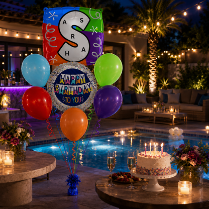 Customizable Alphabet "S" Square Shaped Balloon with Customized Name Stickers Bouquet Set of 7PC | Customizable Name Inital Balloons| Choose Your Name