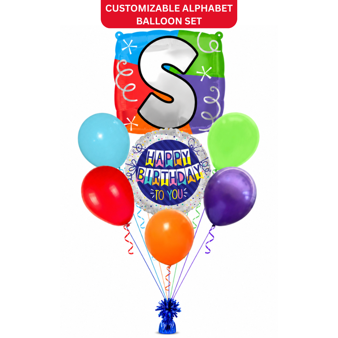 Customizable Alphabet "S" Square Shaped Balloon with Customized Name Stickers Bouquet Set of 7PC | Customizable Name Inital Balloons| Choose Your Name