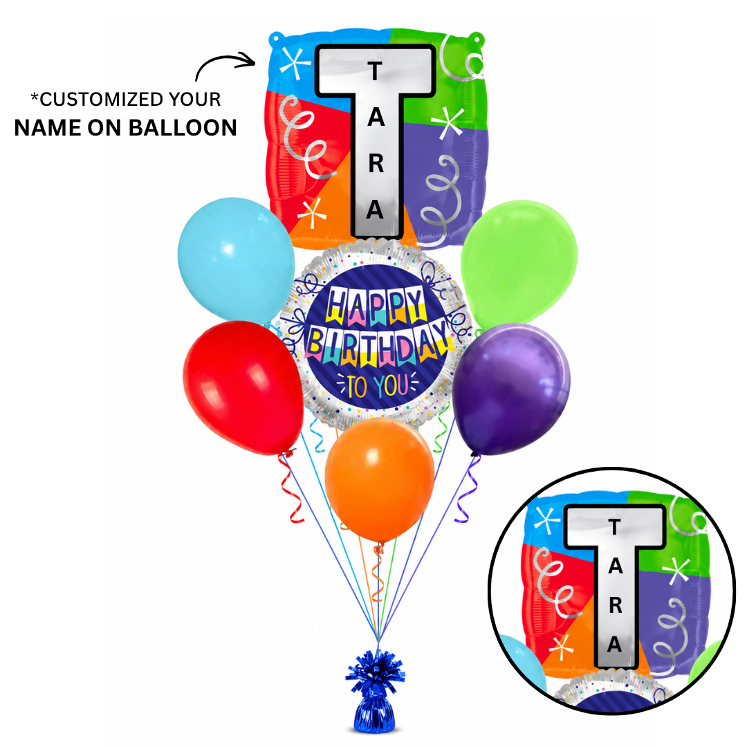 Customizable Alphabet "T" Square Shaped Balloon with Customized Name Stickers Bouquet Set of 7PC | Customizable Name Inital Balloons| Choose Your Name