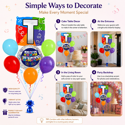 Customizable Alphabet "T" Square Shaped Balloon with Customized Name Stickers Bouquet Set of 7PC | Customizable Name Inital Balloons| Choose Your Name