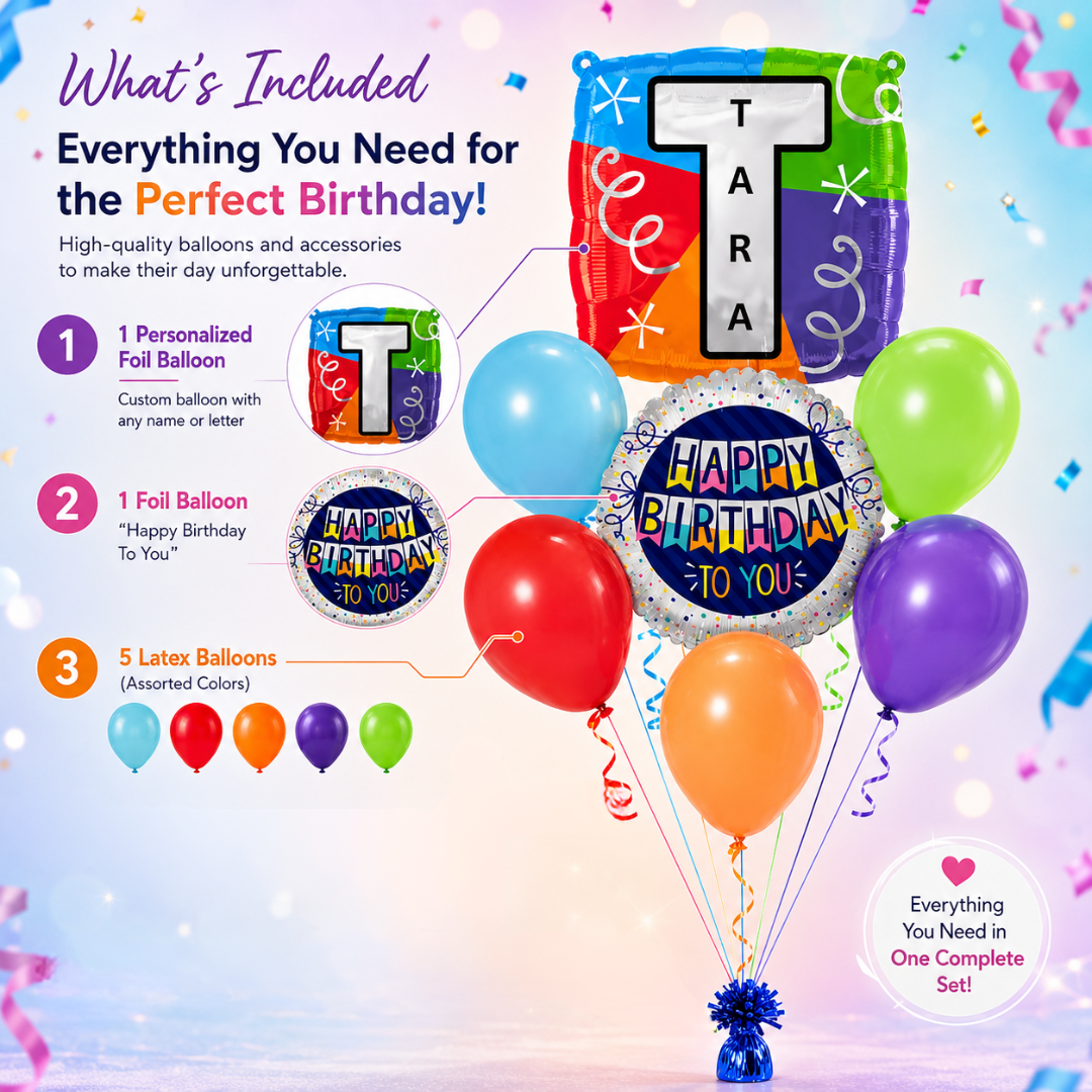 Customizable Alphabet "T" Square Shaped Balloon with Customized Name Stickers Bouquet Set of 7PC | Customizable Name Inital Balloons| Choose Your Name