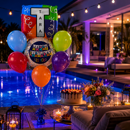 Customizable Alphabet "T" Square Shaped Balloon with Customized Name Stickers Bouquet Set of 7PC | Customizable Name Inital Balloons| Choose Your Name