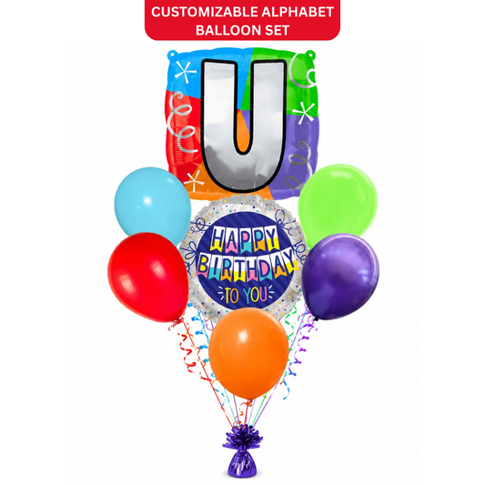 Customizable Alphabet "U" Square Shaped Balloon with Customized Name Stickers Bouquet Set of 7PC | Customizable Name Inital Balloons| Choose Your Name